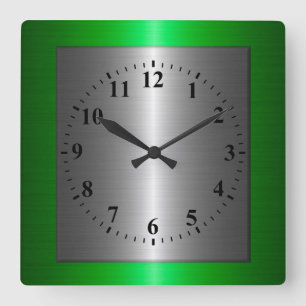 Green and Silver Stainless Steel Metal Square Wall Clock