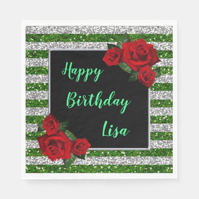 Green And Silver Stripe Glitter Red Roses Birthday Napkin (Front)