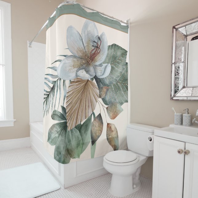Green and tan botanical shower curtain (In Situ)