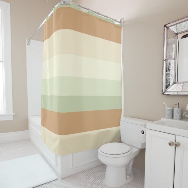green and tan stripes shower curtain (In Situ)