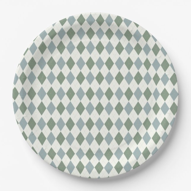 Green and Taupe Argyle Pattern-Elegant  Versatile Paper Plate (Front)