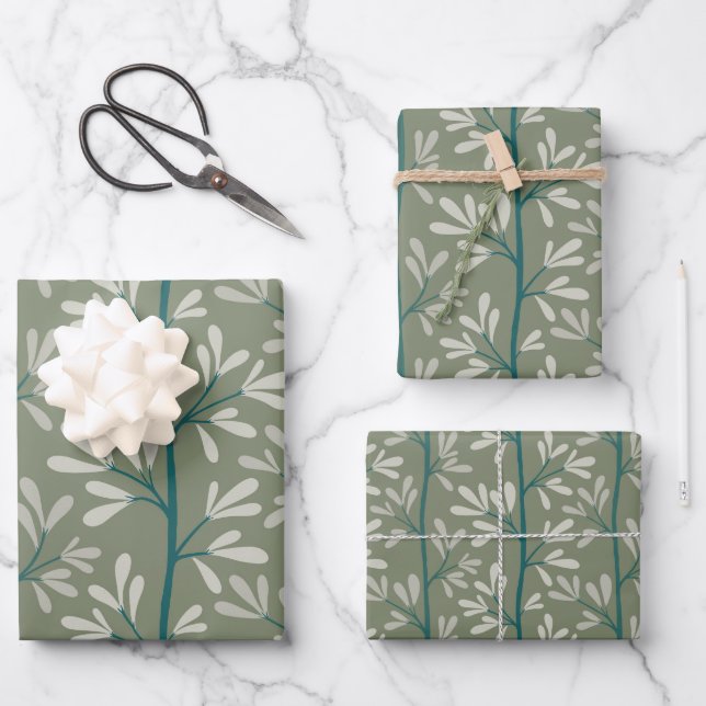 Green and Teal Garden Stems Modern Botanical Wrapping Paper Sheet (Front)