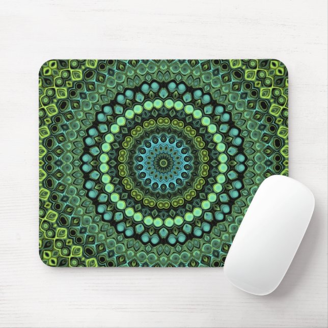 Green and Teal Kaleidoscope Mandala Pattern Mouse Mat (With Mouse)