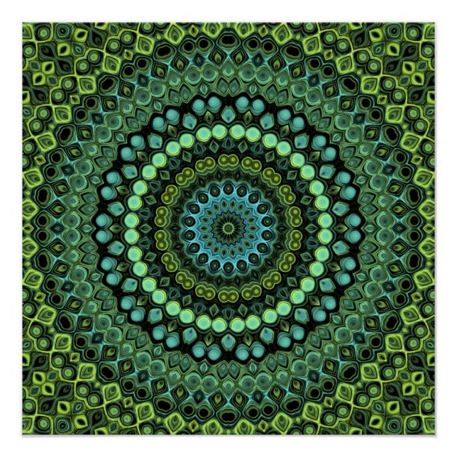Green and Teal Kaleidoscope Mandala Pattern Poster (Front)