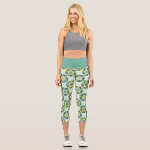 Green and Teal Modern Geometric Flower Pattern Capri Leggings