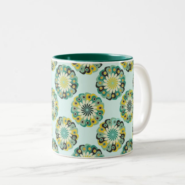 Green and Teal Modern Geometric Flower Pattern Two-Tone Coffee Mug (Front Right)