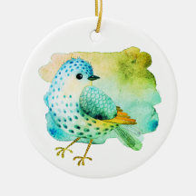 Green and Teal Watercolor Bird Ceramic Ornament