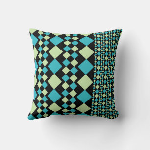 Green and turquoise and black squares geometric cushion