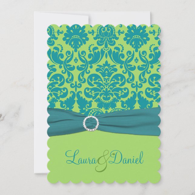 Green and Turquoise Damask Wedding Invitation (Front)