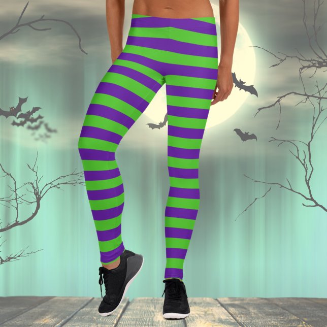 Green and violet stripes  leggings (Purple and Green Halloween Costume Striped Leggings for Women)