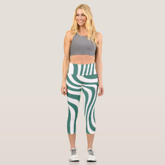 Green and White Abstract Wavy Pattern Capri Leggin Leggings
