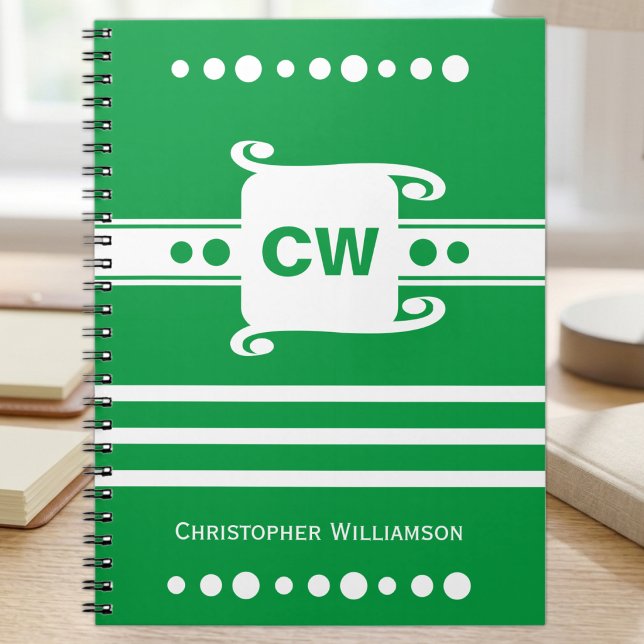 Green and white add initials name striped notebook (Creator Uploaded)