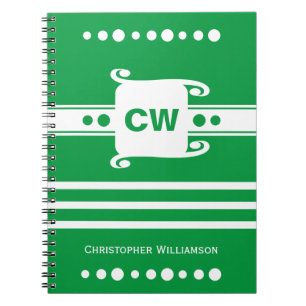 Green and white add initials name striped notebook