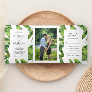 Green and White Banana Leaves Tropical Wedding Tri-Fold Invitation