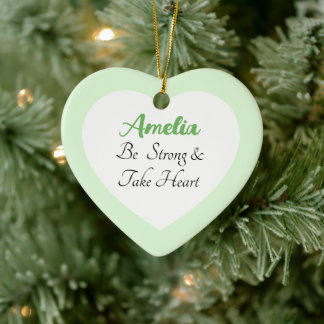 Green and White Be Strong Bible Verse Name Heart Ceramic Tree Decoration
