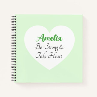 Green and White Be Strong Bible Verse Name Heart Notebook
