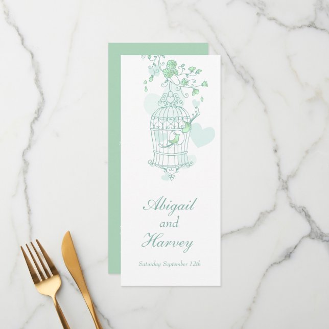 Green and white bird cage wedding dinner menu (Front/Back In Situ)