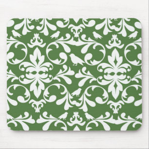 green and white bird damask pattern mouse mat