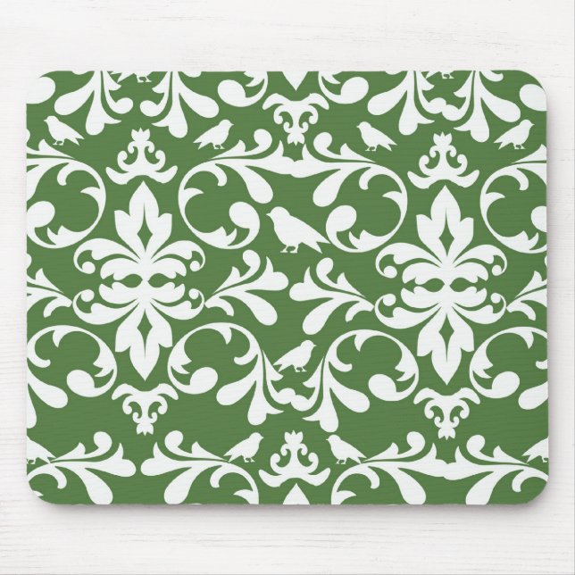green and white bird damask pattern mouse mat (Front)
