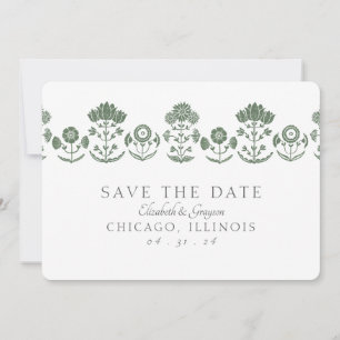 Green and White Botanical Block Print Wedding Save The Date