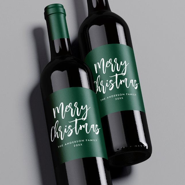 Green and White Brush Script Merry Christmas Wine Label (Creator Uploaded)