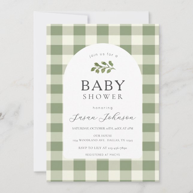 Green and White Buffalo Check Plaid Baby Shower Invitation (Front)