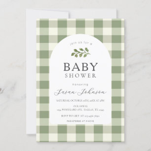 Green and White Buffalo Check Plaid Baby Shower Invitation
