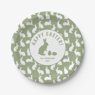 Green And White Bunny Pattern Happy Easter Paper Plate