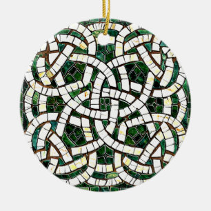 Green and White Celtic Knot Stone Mosaic Ceramic Tree Decoration