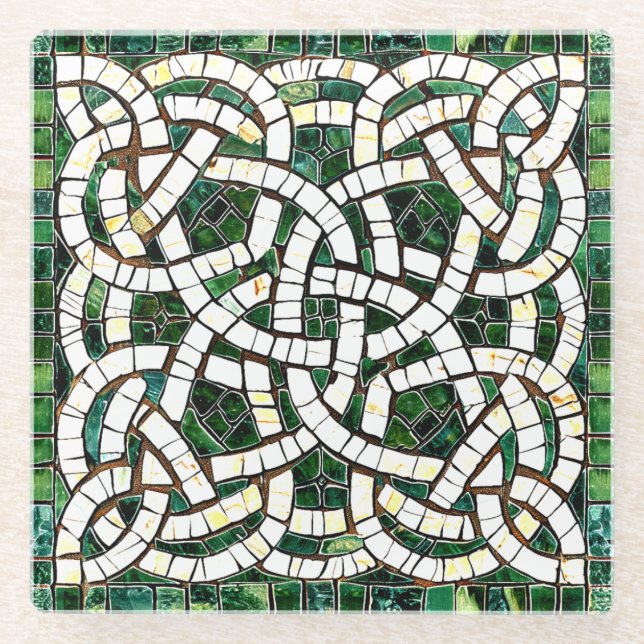 Green and White Celtic Knot Stone Mosaic Glass Coaster (Front)