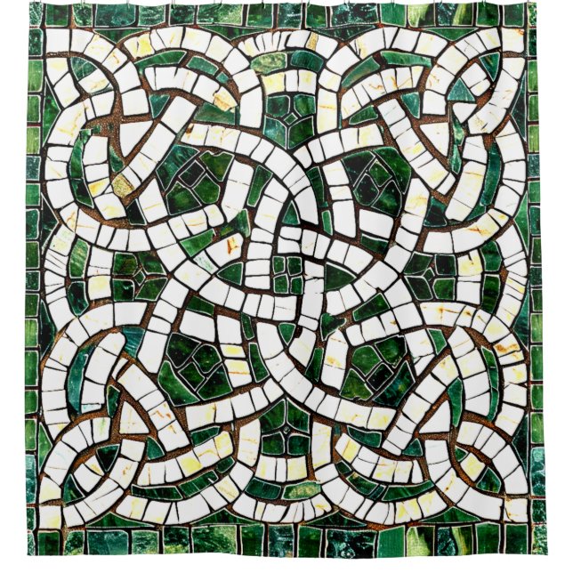 Green and White Celtic Knot Stone Mosaic Shower Curtain (Front)
