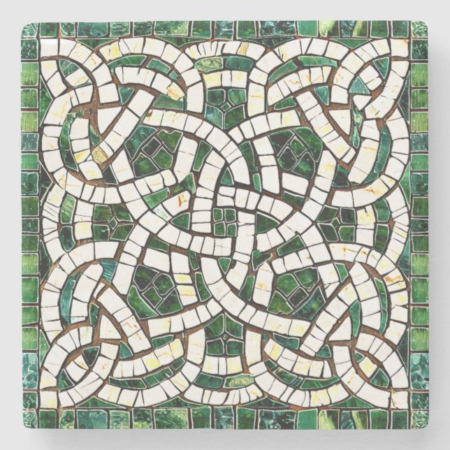 Green and White Celtic Knot Stone Mosaic Stone Coaster (Front)