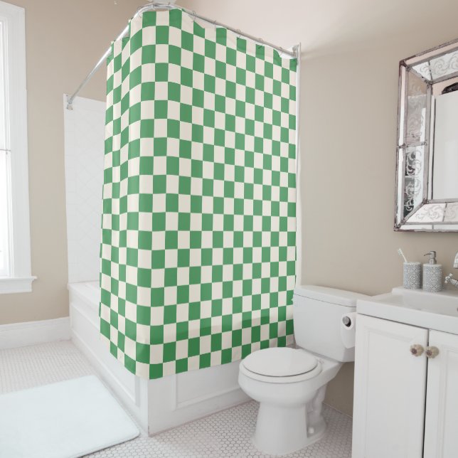 green and white Checkerboard Check Checkered Shower Curtain (In Situ)