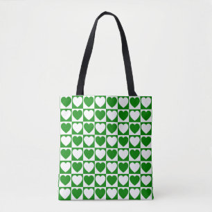 Green and White Checkered Pattern With Hearts Tote Bag