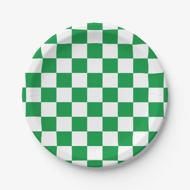 Green and White Chequerboard Paper Plate (Front)