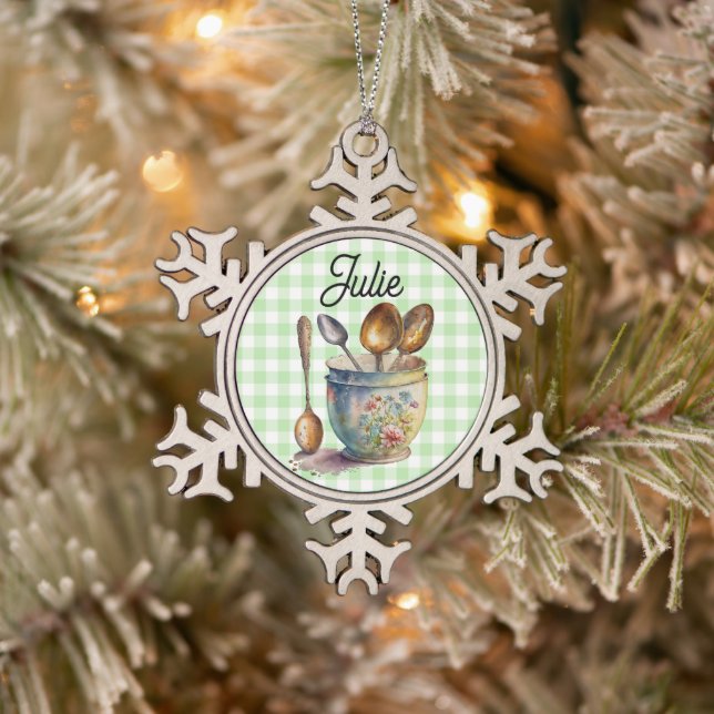 "Green and White Chequered - Spoons in Cup Snowflake Pewter Christmas Ornament (Tree)