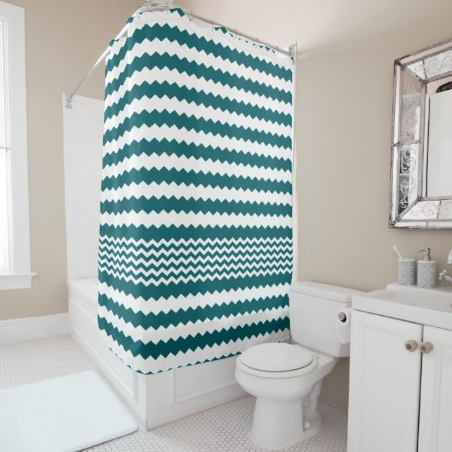 Green and White Chevron Design Shower Curtain (In Situ)