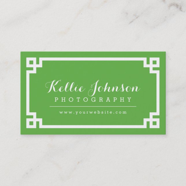 Green and White Chic Greek Key Border Business Card (Front)