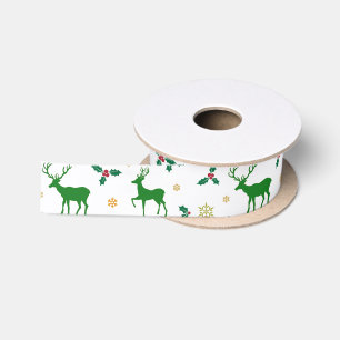 Green and White Christmas Deer 1.5 Inch Satin Ribbon