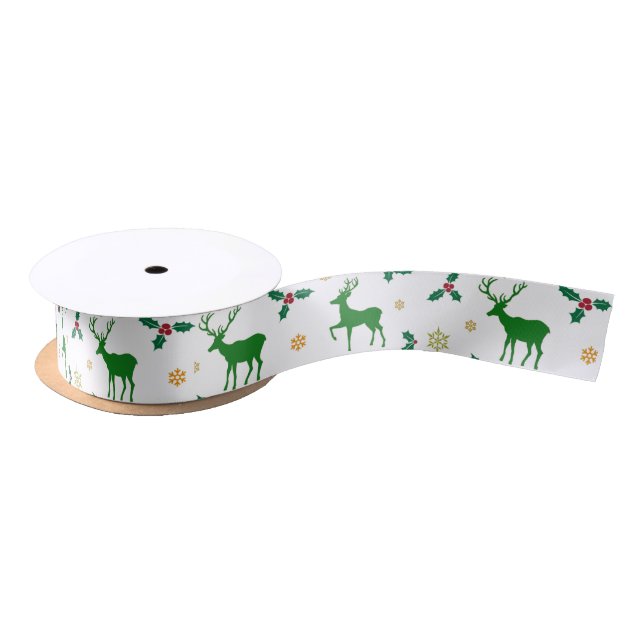 Green and White Christmas Deer 1.5 Inch Satin Satin Ribbon (Spool)