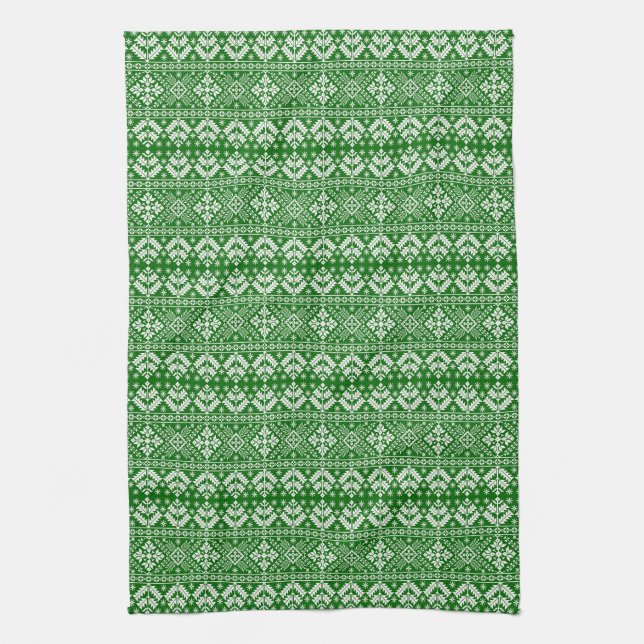 Green and White Christmas Fair Isle Pattern Tea Towel (Vertical)