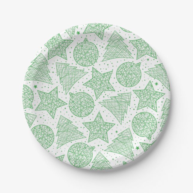 Green and White Christmas Pattern Paper Plates (Front)
