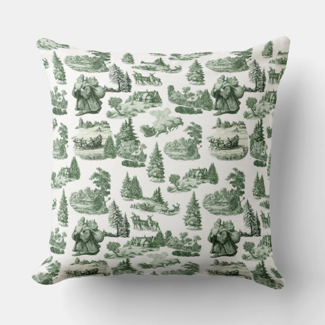 Green and White Christmas Toile Aesthetic Cushion (Front)