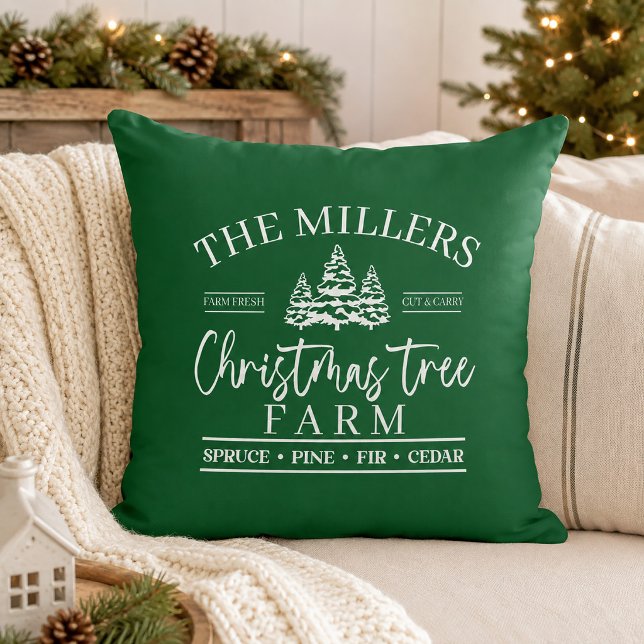 Green and White Christmas Tree Farm  Cushion (Green and White Christmas Tree Farm Throw Pillow)