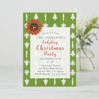 Green and White Christmas Tree Ladybug Party Invitation