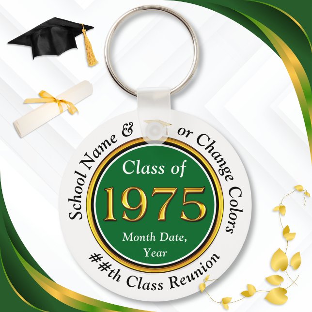 Green and White, Class of 75 Reunion, Party Favour Key Ring (Class of '75. 50th class reunion gift ideas. Cheap, Class of 1975, Class Reunion Keychains. 1975)