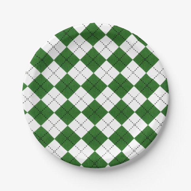 Green and White Classic Argyle Pattern Paper Plate (Front)