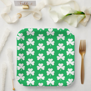 Green and White Clover Pattern Paper Plate