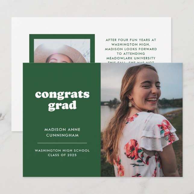 Green and White Congrats Grad Two Photo Graduation Announcement (Front/Back)