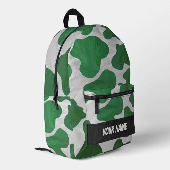 Green and White Cow Pattern Monogram Printed Backpack (Back Corner Left)